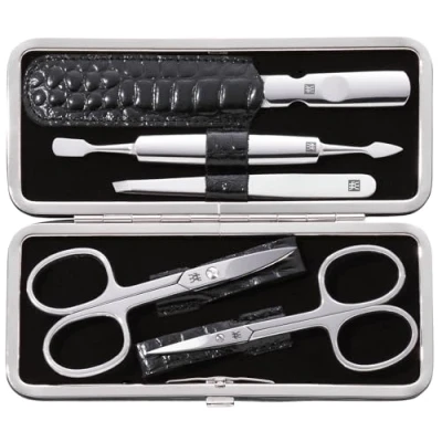 Imagen de ZWILLING Set de manicura (5 piezas, para el cuidado las uñas manos y pies, estuche piel auténtica con marco metálico), acero inoxidable pulido, edición cocodrilo, negro