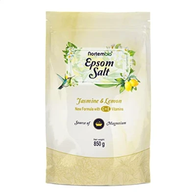 Imagen de Nortembio Sal de Epsom 850 g. Fragancia Jazmín y Limón. Baño Hidratada con Vitamina C E. Relajación Músculos, Aromaterapia Buen Sueño. E Book Incluido.