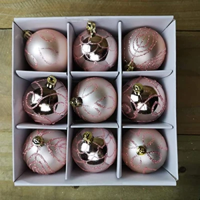 Imagen de Paquete de 9 Bolas árbol Navidad 5 cm, Color Oro Rosa, diseño Remolino con Purpurina, Decoraciones