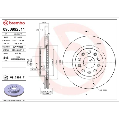 Imagen de BREMBO 09.D992.11 Disco de freno 330 24 5 ventilación interna revestido