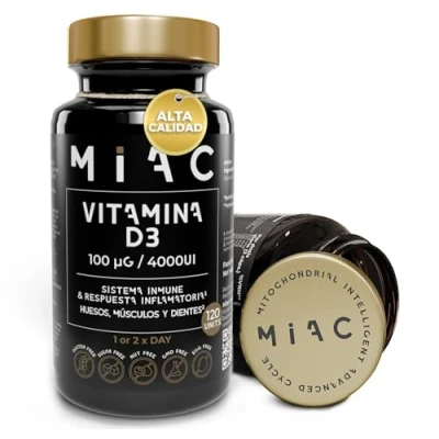 Imagen de MIAC Vitamina D3 4000 UI Vitaminas 90 Cápsulas para el Mantenimiento de Huesos y Músculos Complemento Vitamínico Sistema Inmunitario Absorción del Calcio Fósforo