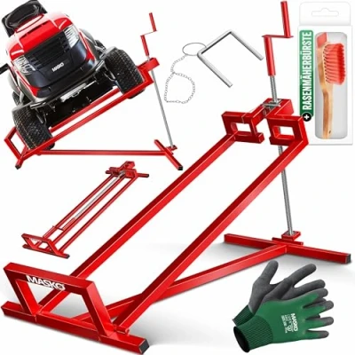 Imagen de MASKO® Elevador para Tractores de Césped XXL 400 kg Plataforma Elevadora Levantador Cortacésped Asiento Ayuda Limpieza Universal +45 Inclinación Ajustable Incluye Guantes Trabajo Rojo