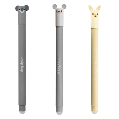 Imagen de Eberhard Faber 599019 bolígrafo roller borrable, 3 Animal Erase it Lama, Koala, ratón, de gel azul, 0,7 mm