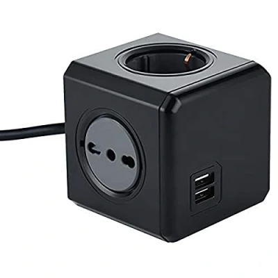 Imagen de Electraline 62099 Regleta Cubo Powercube 4 plazas con 2 USB 2.1 A, Schuko + Enchufe Italiano, bivalentes 10/16 Italianos, Color Negro, Cable 1,5 m