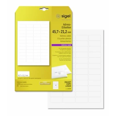 Imagen de SIGEL LA315 Etiquetas para direcciones (Ink/Laser/Copy), 45,70x21,20 mm (A4), 1200 Et.=25 hojas
