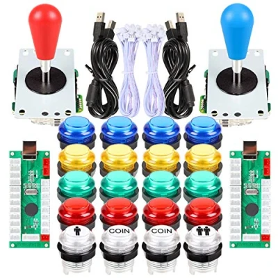 Imagen de Fosiya 2 Jugadores Kit Arcade Ellipse Oval Style 8 Ways Bat Joystick + 20 Botones LED para Controladores de Videojuegos Todos Windows PC MAME Raspberry Pi 3 4 (Colores Mezclados)
