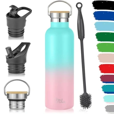 Imagen de Milu Botella de Agua, 500ml, 750ml, 1000ml (+3 Tapas) Acero Inoxidable, Libre BPA, Para Bebidas Calientes, Frías y Carbonatadas (Rosa Menta, 750ml)