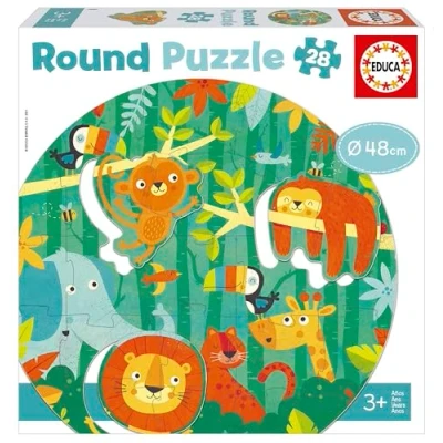 Imagen de Educa Round Selva Puzzle Redondo Infantil con 48 cm de diámetro. 28 Piezas y 3 Animales extraíbles Troquel Especial. Grandes, fáciles manipular Encajar +3 años (18906)