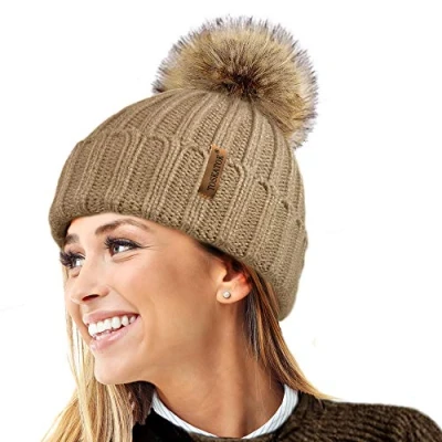 Imagen de TOSKATOK® Invierno de Las Mujeres Costilla Punto Hat/Beanie con Desmontable Piel Falsa Chunky Pom Bobble