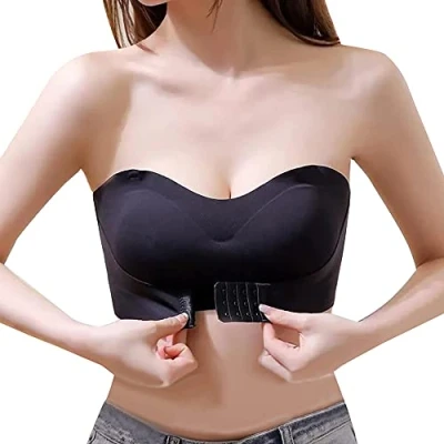 Imagen de TOFBS Sujetador Bandeau sin Tirantes para Mujer Niñas Sujetadores Aros Hebilla Delantera Invisible Push Up Bra con Retirable Relleno y (Negro,M)