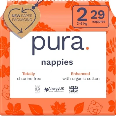 Imagen de Pura Eco Baby Nappies Size 2 (3 6kg / 6 13lbs), 1 Pack (29 Nappies), Ultra Soft for Sensitive Skin, Organic Cotton, Wetness Indicator, Umbilical Cord Cutout, New Guide