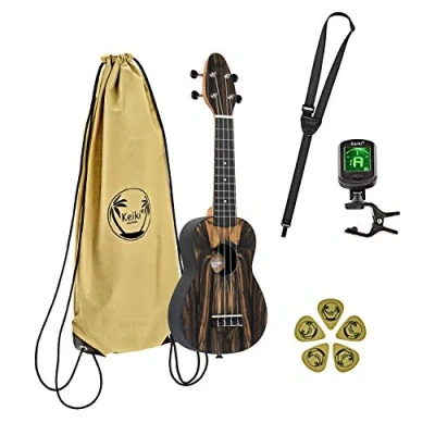 Imagen de Ortega Guitars Ukelele Soprano Keiki K3 incluye afinador, 5 puas de grosor medio y funda estilo bolsa con cuerdas logo ébano blanco, WEB