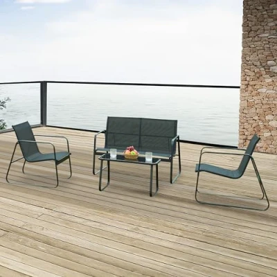 Imagen de casa.pro Conjunto de Muebles Jardin Exterior 4 Piezas 1 Mesa Centro Sofá Plazas 2 Sillas con Reposabrazos Terraza Acero/Crista Templadol/Textileno Negro