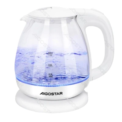 Imagen de Aigostar Elvin Hervidor de agua eléctrico, vidrio borosilicato, 2200W, iluminación LED, capacidad 1L, Rápida ebullición, Protección contra la ebullición en seco, Libre BPA, Blanco