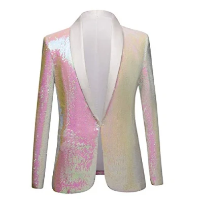 Imagen de PYJTRL Hombres Elegante Dos Colores conversión Brillante Lentejuelas Chaqueta Traje (M, Rosa)
