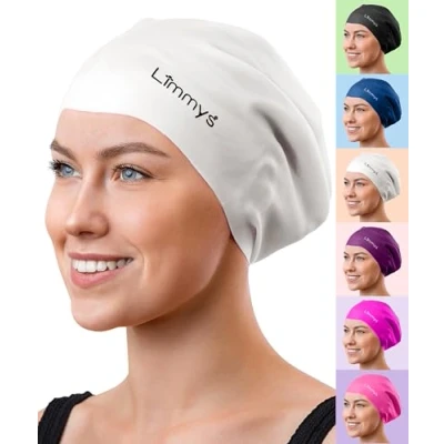 Imagen de Limmys Gorro de Natación Adulto con Pelo Largo Piscina 100% Silicona Hombre y Mujer Cómodo, Elástico Gorros (Grande, Blanca)