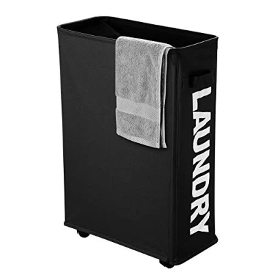 Imagen de IHOMAGIC Cesto para la Colada Delgada sobre Rueda, Cesta de Lavandería Rectangular Práctica Plegable Colector Ropa Sucia el Hogar, Cocina, Dormitorio, Hotel, Viaje 35 40L, 600D Tela, Negro