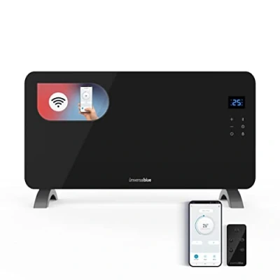 Imagen de UNIVERSALBLUE Panel Calefactor con WIFI de Cristal Templado Bajo Consumo Termostato Ajustable Mando a Distancia 1500W Color Negro 2 Potencias Control táctil Pantalla led