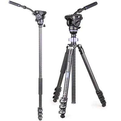 Imagen de INNOREL MT70C Kit de trípode Video Profesional Fibra Carbono 10 Capas, con nivelador Media Bola y Cabeza fluida, Convertible a monopie para DSLR, cámara, Video, videocámara