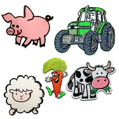 Imagen de Granja Juego Set 5 Piezas Animales Parches Termoadhesivos Bordados Aplique Para Ropa