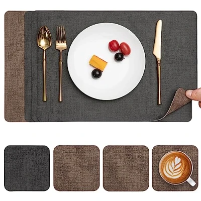 Imagen de Myir JUN Manteles Individuales y Posavasos, Salvamanteles de Cuero Juego 4 Mantel Individual Lavables Antideslizant Mesa Impermeables (Gris Marrón, 4)