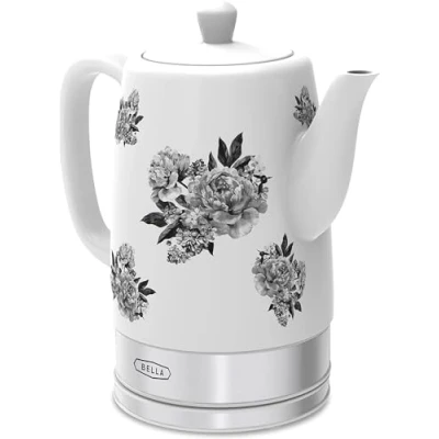 Imagen de BELLA Hervidor eléctrico y tetera Calentador de agua cerámica con base giratoria extraíble, función apagado automático protección al hervor, 1,5 litros, flores negras