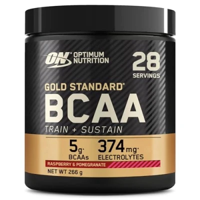 Imagen de Optimum Nutrition Gold Standard BCAA Train + Sustain, Aminoácidos Polvo Pre Entrenamiento, Bebida Deportiva con Vitamina C, Zinc, Magnesio y Electrolitos, Sabor Frambuesa Granada, 28 Por.