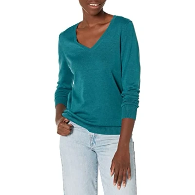 Imagen de Amazon Essentials Jersey de Cuello en V, Manga Larga, Ligero y Ajuste Clásico (Disponible Tallas Grandes) Mujer, Cian Mezcla, XXL