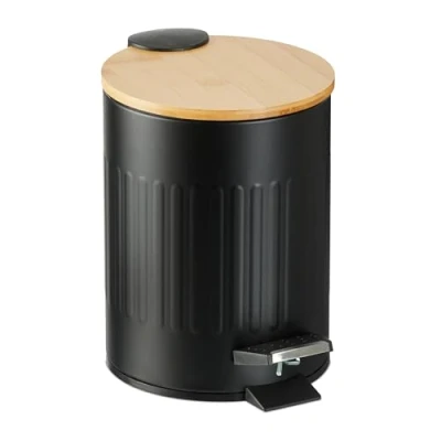 Imagen de Relaxdays Cubo de Basura Baño 3 litros, Papelera Redonda, Tapa Soft Close Bambú, con Bote Interior Extraíble, Negro, 23,5 x 17 21,5 cm