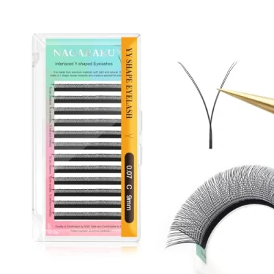Imagen de NAGARAKU YY Pestañas Suministros Y Lash Abanicos Prefabricados 4D Volumen Ruso Cruz Tejidas a Mano Malla en Forma Eyelash Extension Wispy Cluster Negro Mate 12 Filas(0.07 C Curl 9mm）