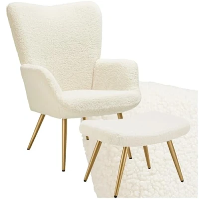 Imagen de TecTake® Sillón Orejero Estilo Escandinavo, Butaca de Salón con Taburete, Tapizado en Tejido Bouclé, Lectura Respaldo Ergonómico, Mueble Salón, Topes Patas, hasta 150kg Crema/Dorado