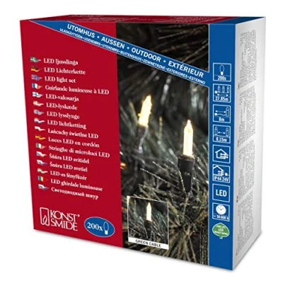 Imagen de Konstsmide 6070 100 Guirnalda pequeña LED para el árbol de navidad (200 diodos blanco cálido, diseño retro, transformador exterior 24 V, 12 W, cable verde)