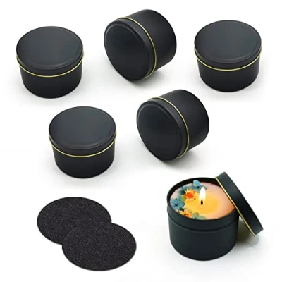 Imagen de PFLYPF 6 vasos de vela, 2 posavasos fieltro, 120 ml, recipientes vacíos, tarros velas redondos para accesorios fabricación velas, almacenamiento pequeñas joyas, etc. (negro)