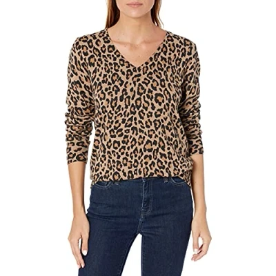 Imagen de Amazon Essentials Jersey de Cuello en V, Manga Larga, Ligero y Ajuste Clásico (Disponible Tallas Grandes) Mujer, Camel Leopardo, XL