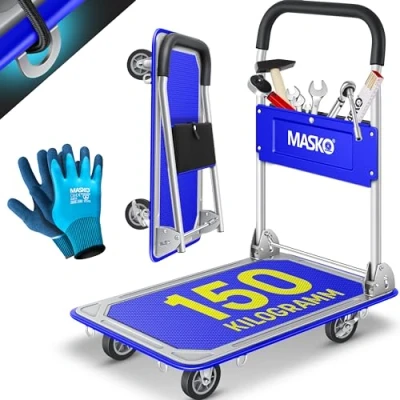 Imagen de MASKO® Carro de plataforma, almacenamiento, Incl. Guantes trabajo, Freno bloqueo, Con 6 argollas seguridad, Ruedas giratorias 360, Plegable, Capacidad carga 150kg / Gris