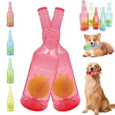 Imagen de LLELEMAMO Crunch Play Bottle Toy, Crunchnplay Toy for Dogs, 9.7&quot;/7.7&quot; Rubber Water Dog Interesting Squeaky Toys, Outdoor Interactive Chew with Tennis Ball (2*Red,Small)