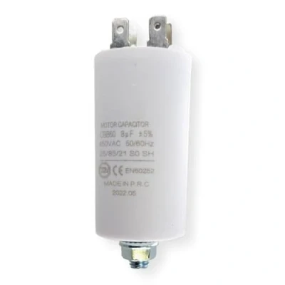 Imagen de DEKAROX condensador universal de 8 µF, 450 V, diámetro 30 x 57 mm, con 6,3 mm AMP, tornillo fijación M8 CBB60, arranque y funcionamiento para electrodomésticos