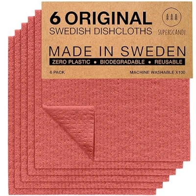 Imagen de SUPERSCANDI Bayeta Sueca Super Absorbente, Reutilizable Y Ecologica Paños De Cocina Biodegradables Celulosa Algodón Trapo Cocina, Limpieza Pack x6 Rojo