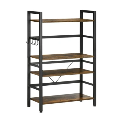 Imagen de HOMCOM Estantería de Cocina 4 Niveles Estante con Estantes Ganchos y Sistema Antivuelco para Microondas 65x30x102 cm Marrón Rústico Negro