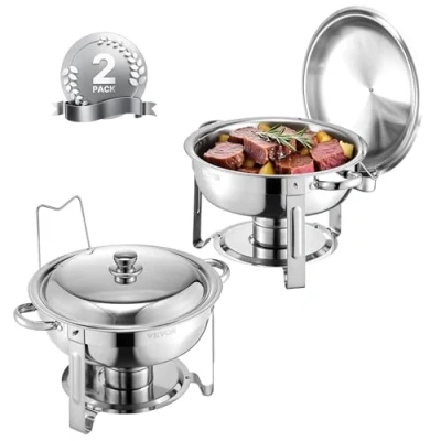 Imagen de VEVOR Calentador de Alimentos para Bufé con 2 Recipientes Tamaño Completo(4,7 L Cada Uno), Redondo, Catering Tapa, Soporte Combustible y Bandeja Agua, Bodas Fiestas, Plata