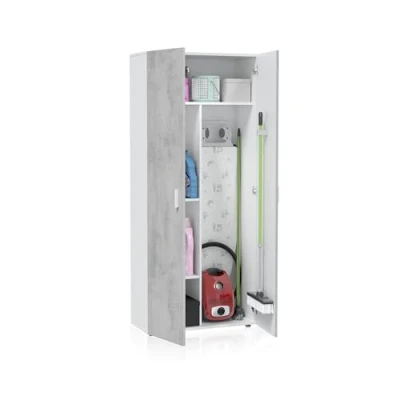 Imagen de Habitdesign Armario Multiusos con 2 Puertas, Escobero, Acabado en Color Blanco Artik y Cemento, Medidas: 80 cm (Ancho) x 182 (Alto) 37 (Fondo)
