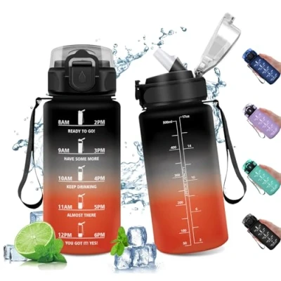 Imagen de Cantimplora Deporte 500ml, Botella Agua con Pajita, Motivacional Tapa, Reutilizable, Antiderrame de Deportiva, para Niño, Gimnasio, Cámping, Gimnasio