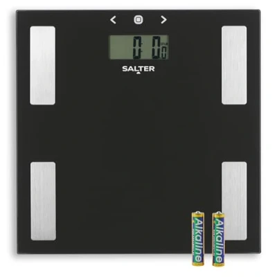Imagen de Salter 9150 BK3R Báscula De Baño Digital Analizadora Vidrio, Mide Peso, IMC, Grasa Y Agua Corporal, Balanza Compacta, Memoria Para 8 Usuarios, Pantalla Fácil Leer, Negra