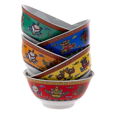 Imagen de lachineuse Juego de 5 Cuencos arroz asiáticos 11,5 cm diámetro, 275 ml, diseño los 8 símbolos auspiciosos budistas originales y coloridos Tradiciones decoración asiáticas