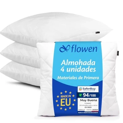 Imagen de Cojines Sofa 45x45 Almohadones 4 Unidades Decorativos Relleno Cojin Hipoalergénico Antiácaros y Suave Cuadrado con Funda Exterior Almohada Respirable en Cotton/Polyest. Blanco Extraíble Lavable