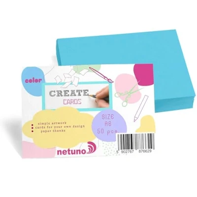 Imagen de Netuno 50 unidades de cartón Bristol azul DIN A6, 105 x 148 mm, 250 g, tarjetas en blanco, para manualidades, cartulina gruesa, colores