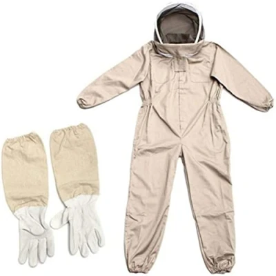 Imagen de Kangmeile Ropa de apicultura cuerpo completo, velo, capucha, sombrero, ropa, jaket, traje protector apicultores, equipo abeja, beige