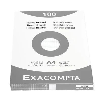 Imagen de Exacompta Bristol Tarjeta de registro, Cuadrícula (5x5), A4, paquete 100 tarjetas, Blanco, tarjetas