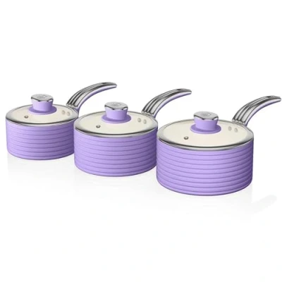 Imagen de Swan Retro SWPS3020PURN Batería Cazos 16 18 20cm, 3 Tapas Vidrio, Aluminio Prensado 3mm, Inducción, Antiadherente Cerámica Libre PFOA y PTFE, Apta para Todas Las Cocinas, Vintage, Morado