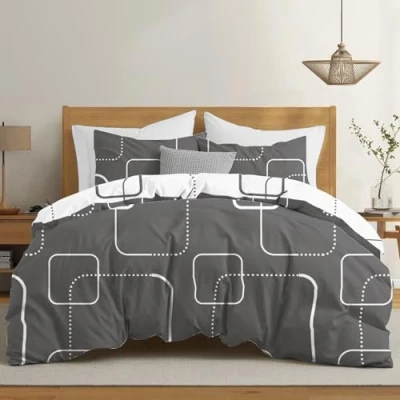 Imagen de Dreamzie Funda Nordica Cama 90 Diseño Geométrico Grises con 1 Almohada 50x70 cm 135x200 de 100% Microfibra Certificada Oeko Tex